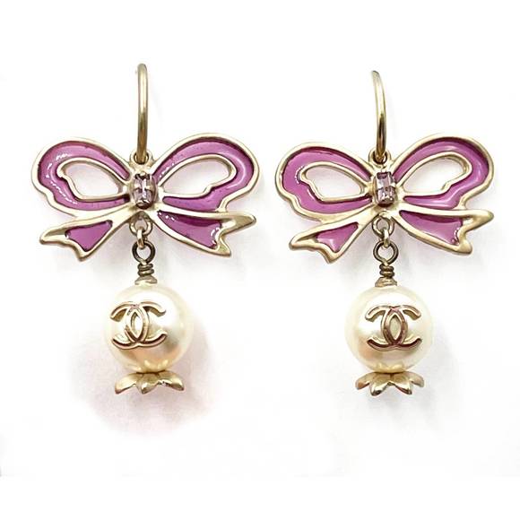 CHANEL Jewelry - CHANEL Gold Fuchsia Ribbon Bow CC Pearl Dangle Hoop Earrings